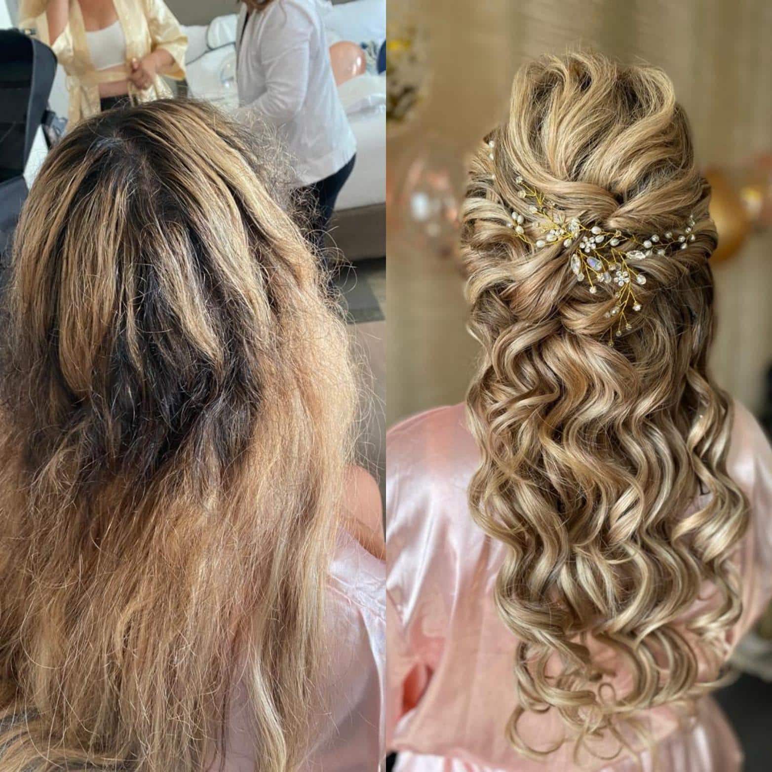 Peinado de novia antes y después, estilo ondas suaves con volumen, realizado en Playa del Carmen.