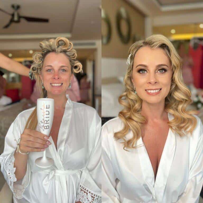 Transformación de maquillaje profesional para novia antes y después, realizada por maquillista en la Riviera Maya.