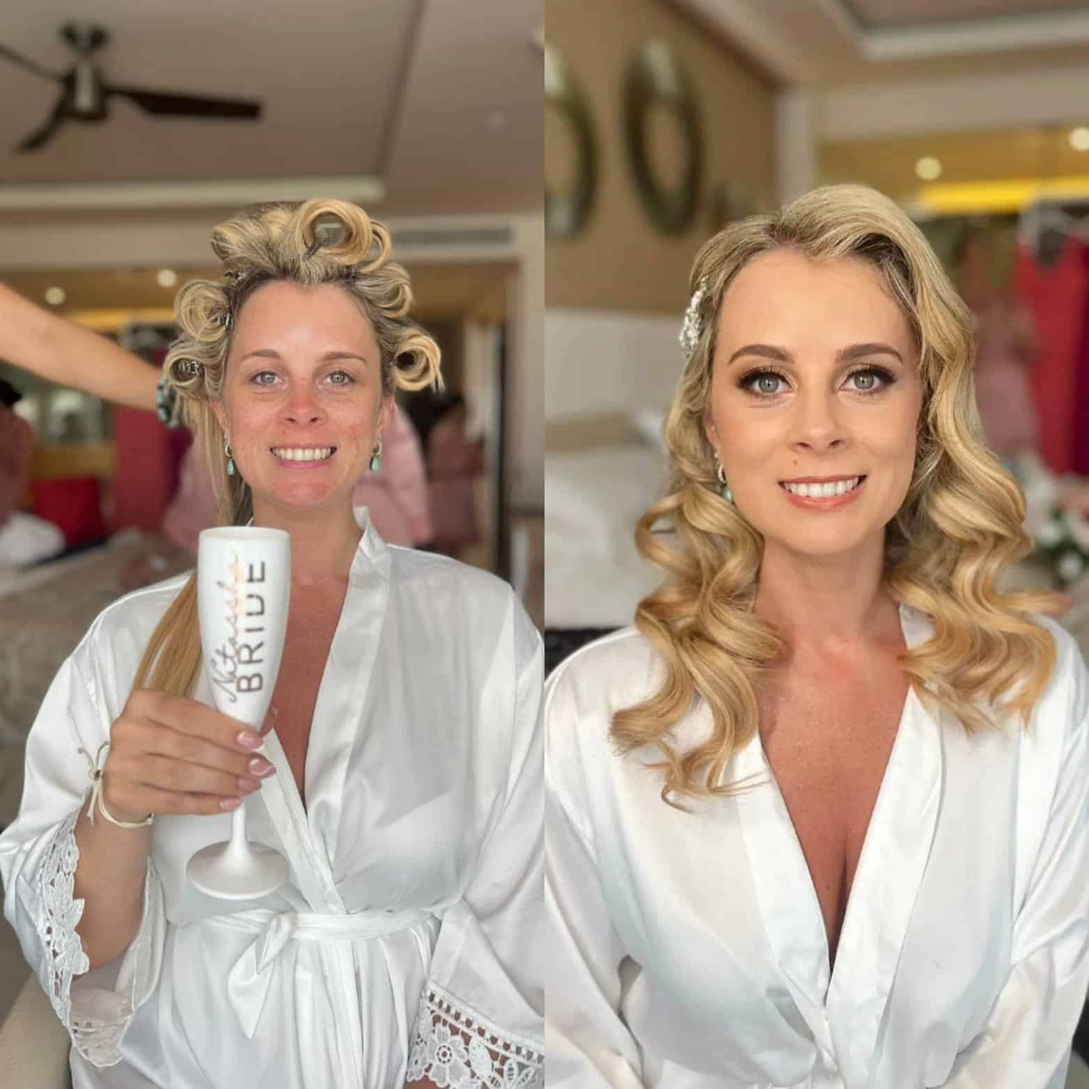 Transformación de maquillaje profesional para novia antes y después, realizada por maquillista en la Riviera Maya.