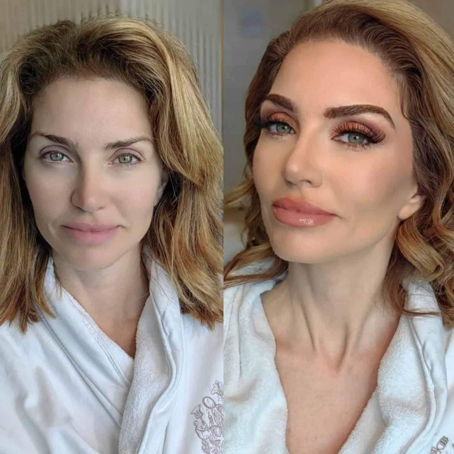 Transformación de maquillaje profesional para novia antes y después, realizada por maquillista en la Riviera Maya.