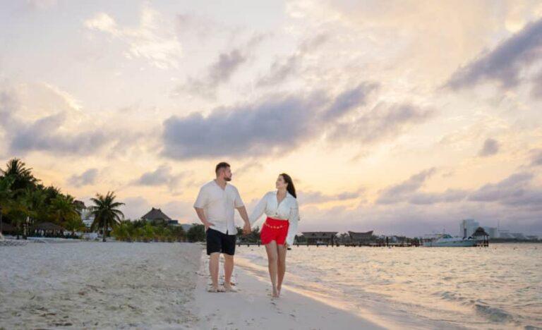 motional moment of a beach proposal at dusk in Riviera Maya, Mexico